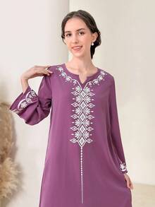 SHEIN Teen Girl Elegant Geometric Pattern Floral Print Notch Neck Long Sleeve Denim Long Maxi Dress - Purple - View 4