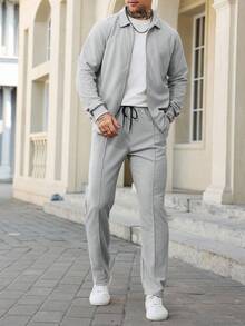 Manfinity Homme 宽松男士纯色休闲两件套秋季服装 - 灰色 - 查看 4