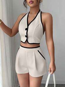Selianne Nuevo conjunto de verano de 2 piezas para mujer con top corto con espalda descubierta y lazos, y shorts con bolsillos en contraste - Albaricoque - Ver 6