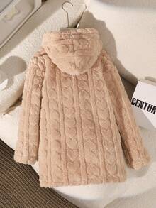 SHEIN 少女心羊毛连帽长款开衫，适合日常穿着，秋冬 - 杏色 - 查看 2