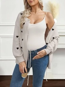 SHEIN Maternity Heart Print Tie Front Long Sleeve Cardigan