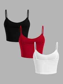 SHEIN EZwear 3入組女士短款緊身休閒背心，適用於夏季 - 彩色 - 查看 2