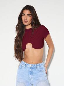 KIZN Top corto de manga corta con frente recogido en espiral, estilo de festival de verano, casual, esencial de todos los días, moda minimalista, declaración de moda, fiesta, club