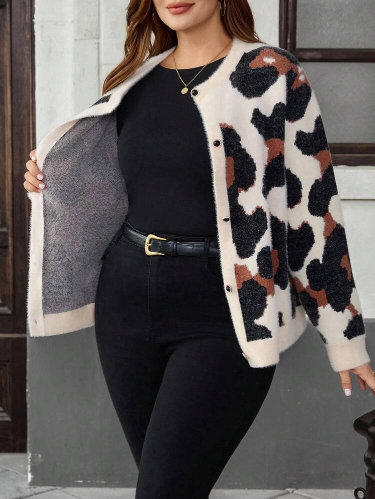 Plus Size Women's Thick Warm Quality Home Leisure Leopard Print Color Matching Plush Feeling Long Sleeve Single Breasted Knitted Cardigan, Autumn And Winter Fall Clothes For Women Winter Clothes Women's Winter Clothes