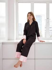 2pcs Elegant & Sweet Solid Color Girls' Long Sleeve Top And Pants Homewear Set Girls Pajama Set - Black - View 5