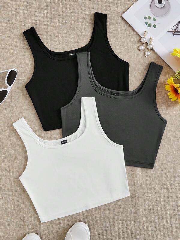 SHEIN EZwear 3pcs Black, White, Gray Crew Neck Cropped Casual Fitted Tank Tops For Women, Suitable For Summer