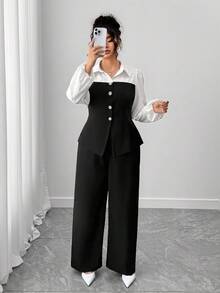 Elenzga Collezione di eleganza eccentrica (vibrazioni di "Woe Is Me")(Estetica del mercoledì) 2 pezzi Completo elegante vintage in bianco e nero con patchwork