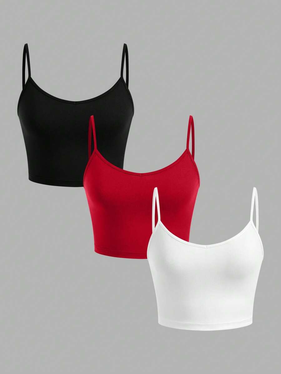 SHEIN EZwear 3入組女士短款緊身休閒背心，適用於夏季 - 彩色 - 查看 1