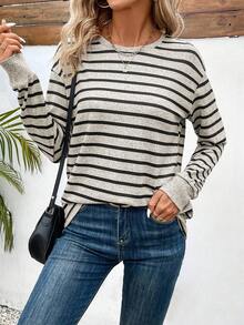 EMERY ROSE Women's Round Neck Striped T-Shirt Graphic Tees Women Tops Fall Cloth For Women