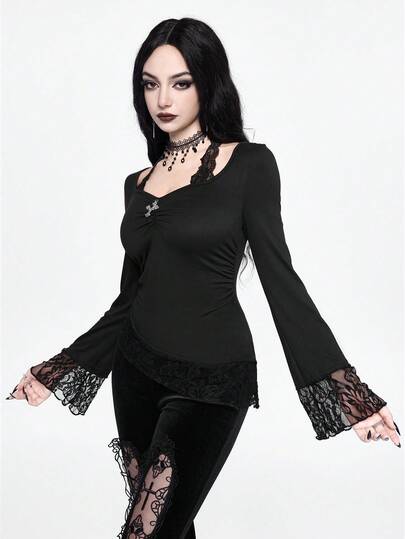 Goth Punk Gothic Cross Pendant Lace Patchwork Flare Sleeve Fitted Women T-Shirt