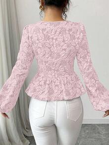 Elenzga Áo cánh tay đèn lồng họa tiết hoa jacquard thanh lịch dành cho nữ, áo peplum mùa thu - Hồng - Xem 2