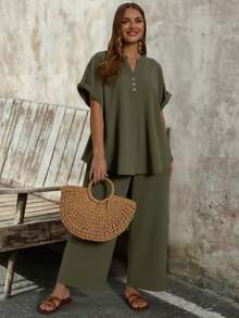 EMERY ROSE Bộ đồ hai mảnh áo cánh ve lật màu trơn thường ngày cỡ lớn đi nghỉ mát và quần ống rộng - xanh quân đội - Xem 3