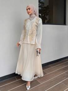 DAZY Women's Applique Decor Drop-Shoulder Long Sleeve Shirt And Mini Skirt 2 Pieces Elegant Set,Fall Clothes Modest Fashion - Beige - View 1