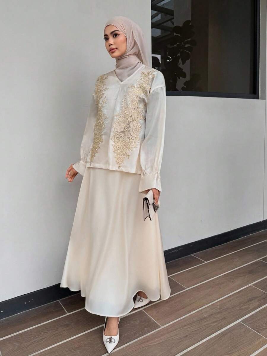 DAZY Women's Applique Decor Drop-Shoulder Long Sleeve Shirt And Mini Skirt 2 Pieces Elegant Set,Fall Clothes Modest Fashion - Beige - View 1