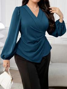 Modelyn Áo cánh tay đèn lồng màu trơn cỡ lớn cho nữ, viền bất đối xứng, thời trang thanh lịch - Màu xanh lam - Xem 7