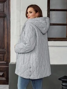 EMERY ROSE Plus Size Solid Color Minimalist Hooded Long Sleeve Sweatshirt, Casual Everyday Wear,Winter Clothes,Chic Autumn&Winter Fall - Grey - View 8