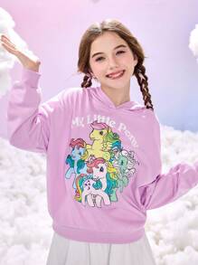 My Little Pony X SHEIN 青少年女孩字母和卡通图案长袖连帽卫衣 - 紫色 - 查看 8