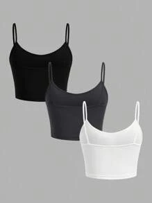 SHEIN EZwear 3入組女士夏季緊身短款休閑背心，適合夏季穿著