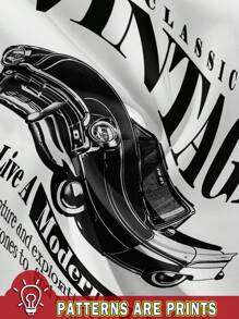 Attitoon Women's Casual Sexy Spaghetti Strap Skinny Black & White Splice Camisole Top, Vintage Car Graphic, Contrast Trim Back To School