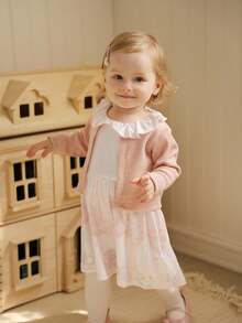 SHEIN Baby White,Autumn,Matching Family Peter Pan Collar Sleeveless Pink Dress And Long Sleeve Crew Neck Cardigan Set,Cute Fall Homecoming Hoco Dresses - Baby Pink - View 6