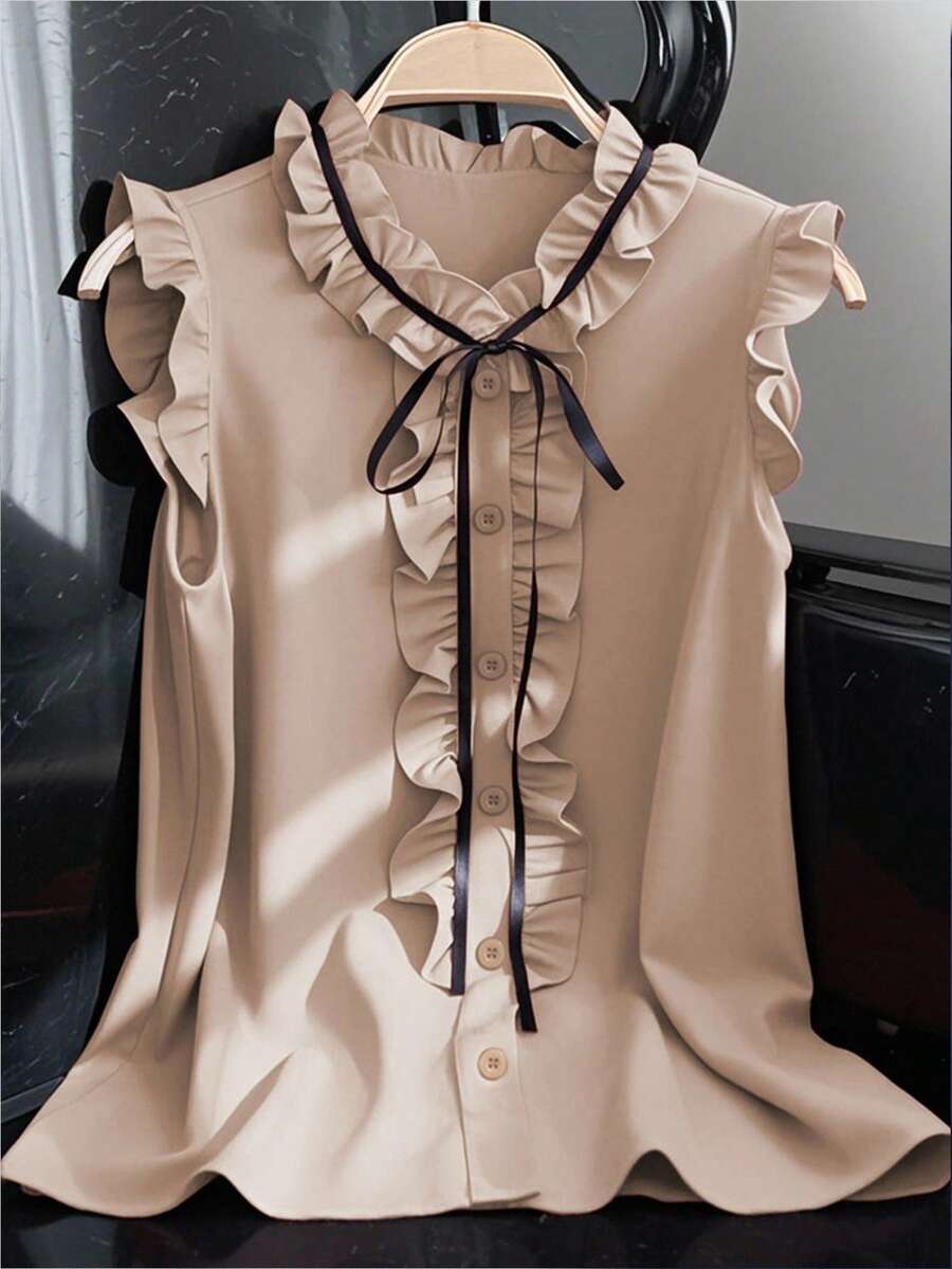 Franclia 无袖荷叶边休闲宽松衬衫，优雅女士衬衫，红色女式夏季上衣 - 卡其色 - 查看 1