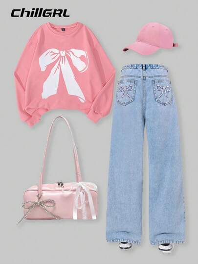 Set de 2 piezas de sudadera con capucha con estampado de lazo y pantalones rectos bordados para adolescentes