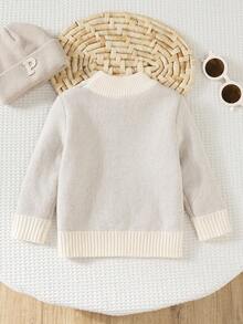 SHEIN Babyboy/Babygirl Khaki Casual Minimalist Turtleneck Sweater, Autumn/Winter Baby Knitwear Warm Baby Clothes Neutral Baby Clothes Baby Winter Clothes Fall - Apricot - View 2