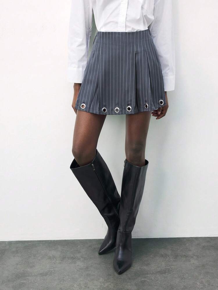 SHEIN Maija Women's Striped Minimalist Casual Skirt, Fall For Women,Halloween Costumes Short Skirt Party Office For Women Party Thanksgiving For Women Party Halloween Costume Women