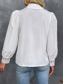 SHEIN LUNE 2025 Early Autumn/Winter New Arrival: French Fashionable Elegant Business Casual Women's White  Fall Clothes.Classic Elegant Shirt-Collar Design Niche Lace Trim & Hollow Long Sleeve Blouse With Exquisite Cutout Details .Old Money Style Button-Up Blouse. - White - View 2