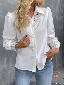 SHEIN LUNE 2025 Early Autumn/Winter New Arrival: French Fashionable Elegant Business Casual Women's White  Fall Clothes.Classic Elegant Shirt-Collar Design Niche Lace Trim & Hollow Long Sleeve Blouse With Exquisite Cutout Details .Old Money Style Button-Up Blouse. - White - View 3