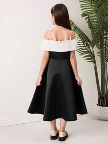 Tween Girl Spaghetti Strap Cold Shoulder Floral Decor Fashion Summer Dress - Black and White - View 2
