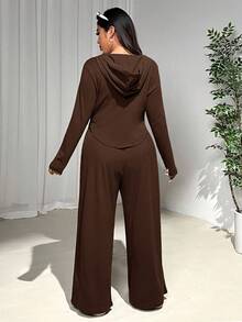 SHEIN EZwear 大码女式两件套：棕色修身舌形下摆拉链夹克 + 宽松松紧腰长裤，羊毛面料，秋冬棕色两件套 2 件休闲套装女士棕色连帽拉链套装 2 件套女士女士棕色裤子套装 - 巧克力棕 - 查看 3