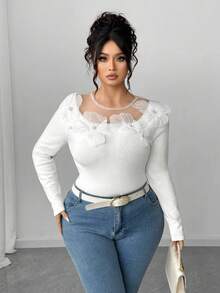 Elenzga Plus Size Mesh Patchwork Applique Elegant Long Sleeve Pullover Sweater Winter Fall Autumn