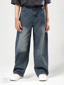 SUMWON Pantalones vaqueros de pierna ancha para niñas con estilo vintage desgastado, corte de barril, suaves y cómodos para uso casual, moda de otoño e invierno, diseño clásico retro - Azul - Ver 2