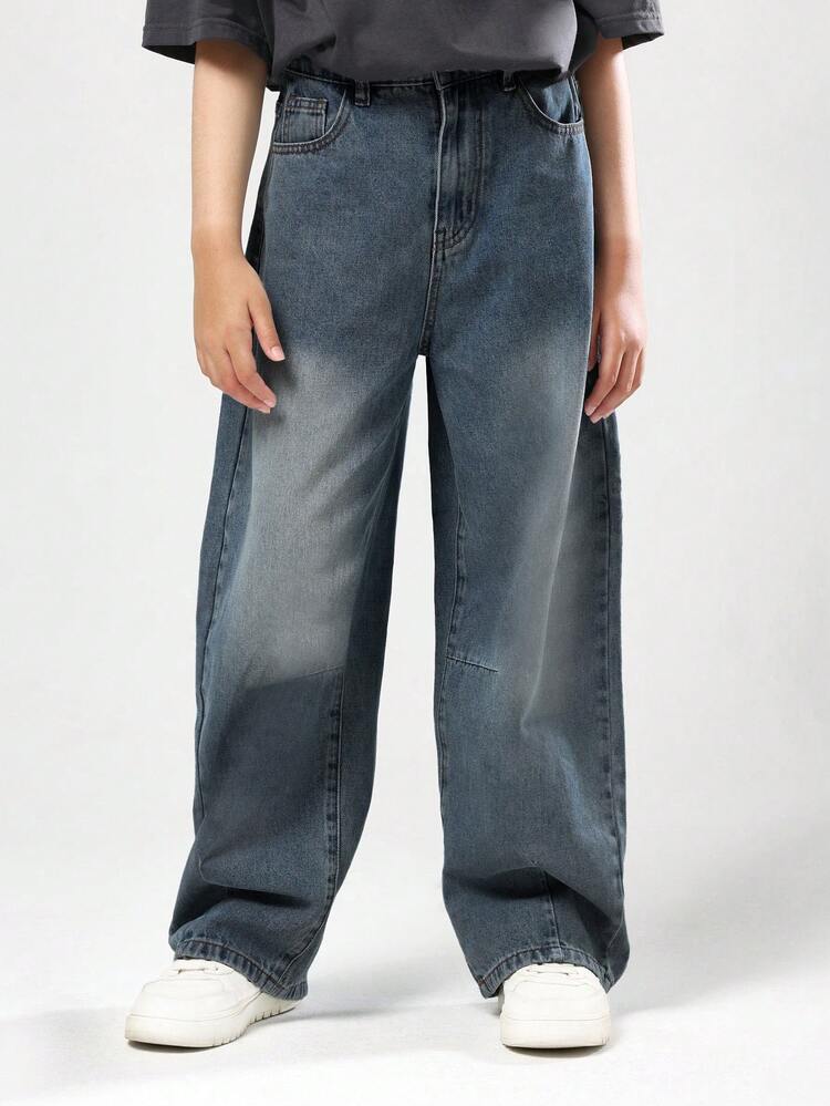 Wide Leg Barrel Cut Jeans With Distressed Design