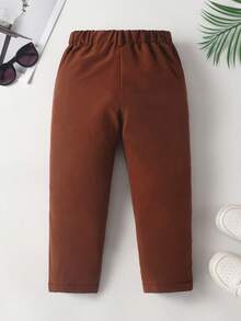 SHEIN 小男孩休闲纯色长裤，单纽扣装饰，斜插口袋，松紧腰设计，适合日常穿着、旅行、派对、度假，百搭时尚 - 鏽棕色 - 查看 2