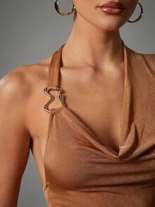 Hauture Women's Asymmetric Neck Hanging Ring Detail Fitted Blouse - Mocha Brown - View 2
