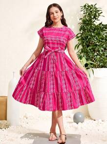 SHEIN 少女編織幾何圖案印花肩帶休閒連衣裙 - 玫紅色 - 查看 1