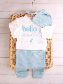 SHEIN Newborn Photography Outfit - Baby Boys/Girls 1-3 Months "HELLO" Embroidered Top, Pant & Hat 3-Piece Set, Infant Studio Prop Clothes Baby Boy Knitted Set Fall Winter