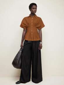 BizChic 女式棕色领腰橙色收腰前开肩袖衬衫上衣，基本款简约优雅商务休闲办公装，适合城市通勤、教师、婚礼嘉宾、音乐会 - 棕色 - 查看 2