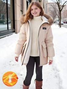 SHEIN Parka de niña para otoño/invierno, nueva llegada, con cuello de piel, bolsillos grandes, con capucha, cintura ajustada, moda minimalista, abrigo de algodón de largo medio
