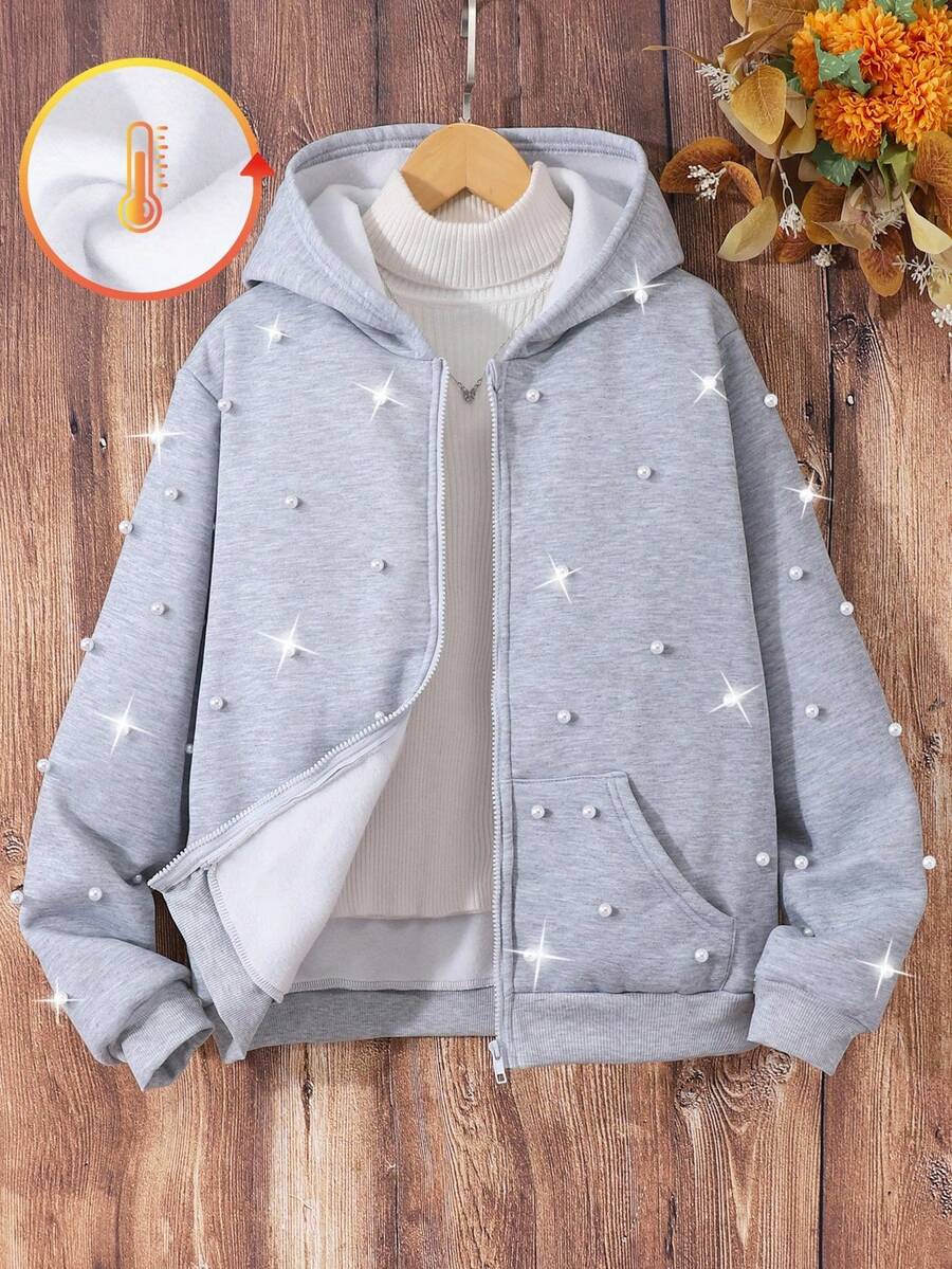 SHEIN Teen Girls Casual Chic Faux Pearl Embellished Thermal Lined Zip-Up Sweatshirt - Grey - View 1