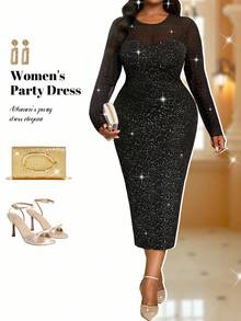 Fleurora Vestido largo elegante minimalista con cuello alto, manga larga y parches de malla para mujer de talla grande. Atuendo para el Día de San Valentín, vacaciones, playa, crucero y conciertos de música country en verano.