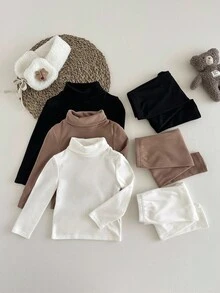 LMoss Kids LMoss 6pcs Young Girl Solid Color Knit Stand Collar Casual T-Shirt&Pants Set, Family Matching, Versatile Winter Clothes For Young Girls, Sister And Me Leggings - Multicolor - View 3