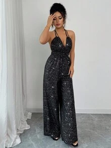 Rafferiza Minimalist Chic Black Silver Foil Crisscross Strap Plunge Deep V-Neck Backless Adjustable Waist Jumpsuit, Fitted Silhouette, Spring/Summer Bestseller - Black - View 5