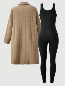 SHEIN Explorewe HYPEME Zestaw dla dziewczynek w wieku 1/2 lat, płaszcz midi z kieszeniami w kolorze khaki i kombinezon bez rękawów, 2 części, strój na co dzień, odpowiedni na wyjścia, podróże i wakacje - Kolor khaki - Zobacz 2