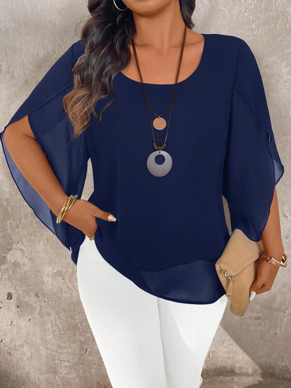 EMERY ROSE Plus Size Women's Plus Size Cap Sleeve Sheer Slim Fit Blouse