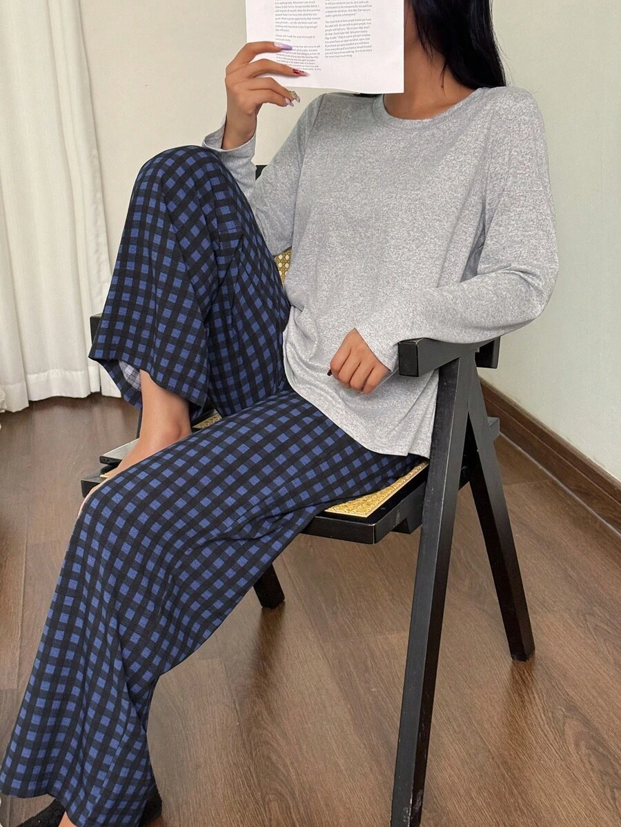 SHEIN Women's Loose Casual Round Neck Long Sleeve Top And Plaid Print Pants Pajama Set Sleepwear Set Matching Pajama Set Cozy And Elegant Details Pajama Sets For Women Sleepwear Set Women, Fall Winter Clothes - Multicolor - View 1