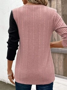 EMERY ROSE Women's Contrast Color Ribbed Long Sleeve T-Shirt For New Year Clothes Graphic Tees Women Tops For Spring - Pink - View 2