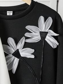 Sudadera casual de manga larga, cuello redondo, de corte holgado con decoración floral y gráfico de letra para niñas preadolescentes, otoño - Multicolor - Ver 4